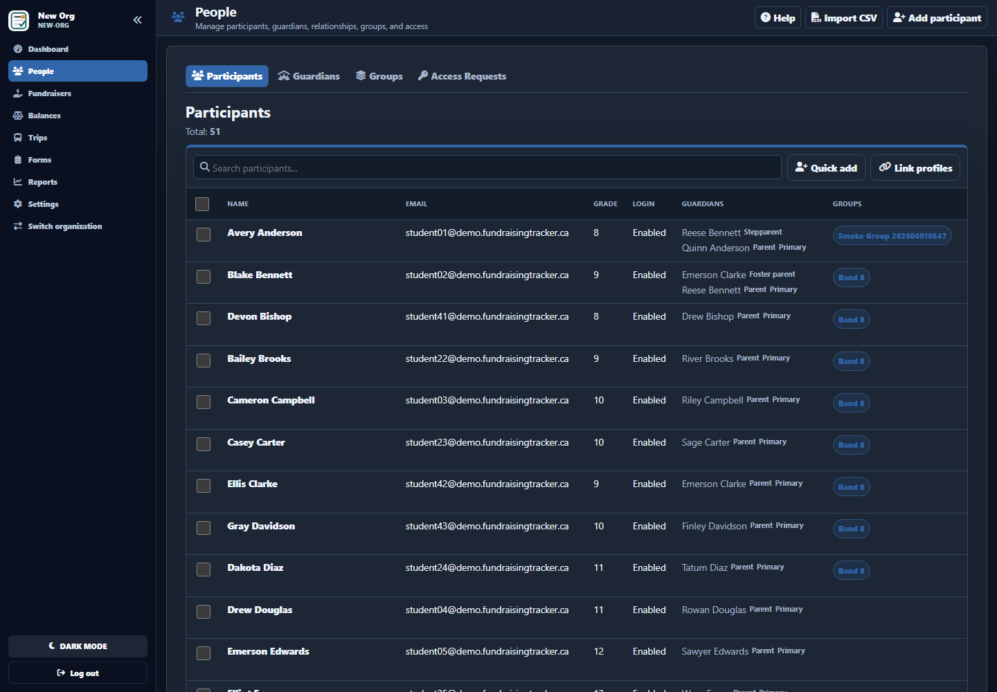 People management screen showing participant rows, search, groups, and guardians